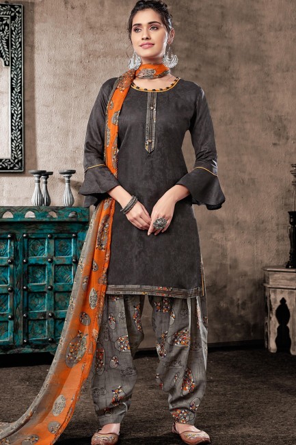 Dark grey Cotton and jacquard Patiala Suits