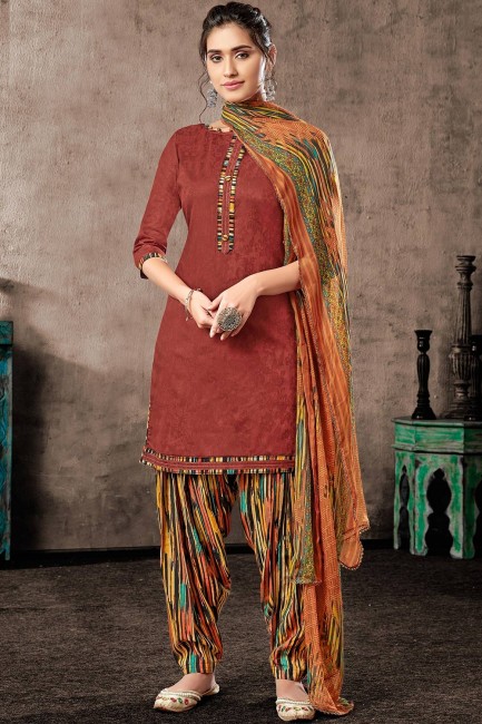 Maroon Cotton and jacquard Patiala Suits