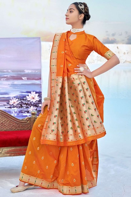Orange Banarasi Saree with Weaving Banarasi silk