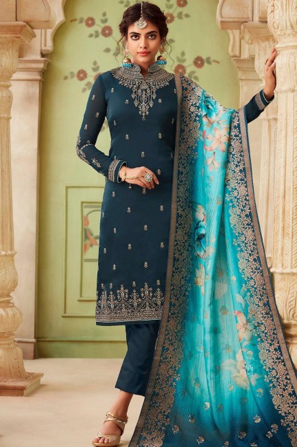 Steel blue Georgette and satin Straight Pant Suit