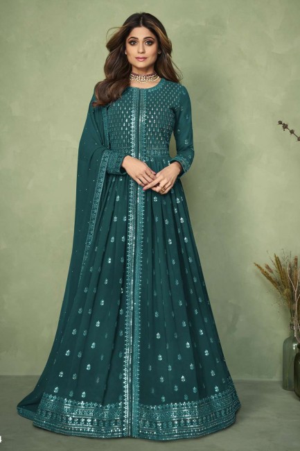 Embroidered Georgette Teal Anarkali Suit with Dupatta