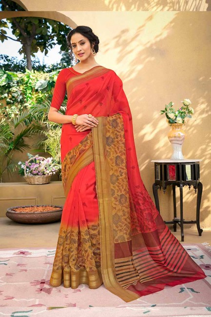 Elegant Red color Chanderi Art Silk saree