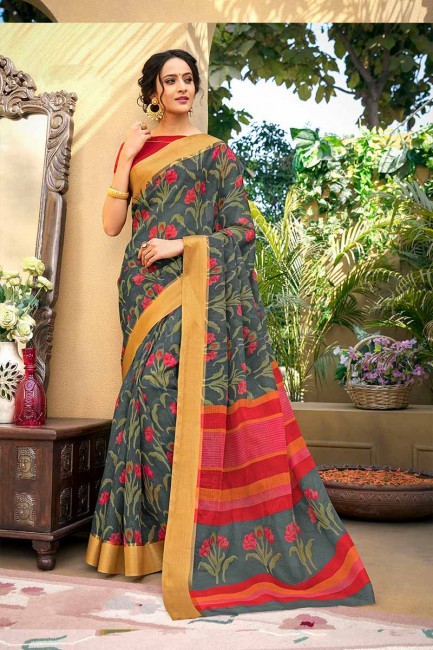 Latest Ethnic Grey & Red color Chanderi Art Silk saree