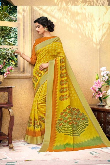 Latest Yellow color Chanderi Art Silk saree
