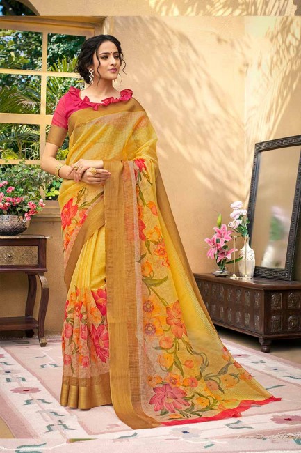 Trendy Yellow color Chanderi Art Silk saree