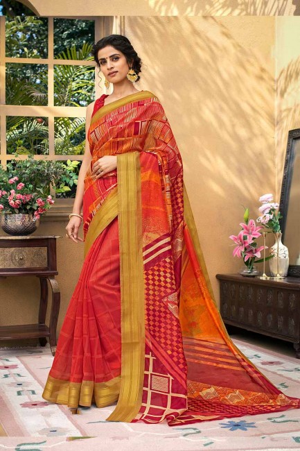 Exquisite Red color Chanderi Art Silk saree