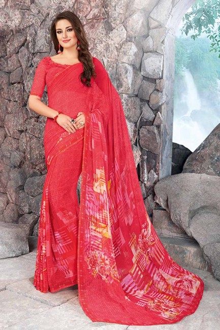 Ravishing Red color Georgette saree
