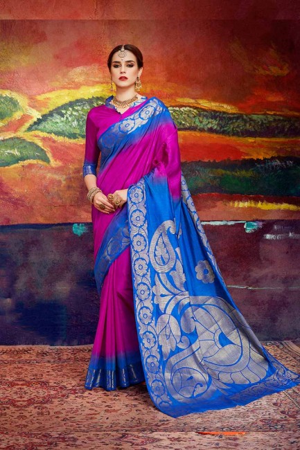 Magenta Pink & Royal Blue color Nylon Art Silk saree