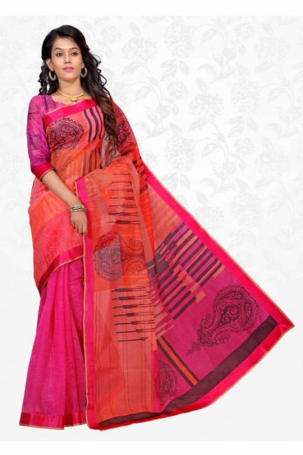 Pink & Orange color Cotton Silk saree