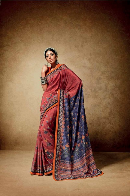 Red & Blue color Tussar Art Silk saree