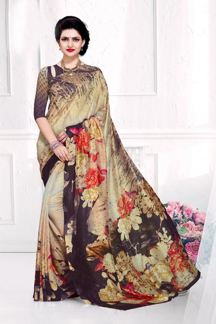 Indian Ethnic Beige & Multi color Crepe Silk saree
