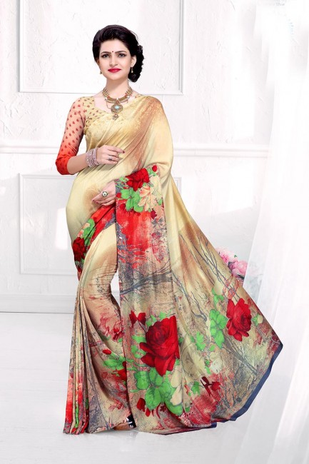 Impressive Beige & Multi color Crepe Silk saree