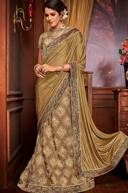 Dazzling Golden & Beige color Imported Fancy Fabric & Net saree