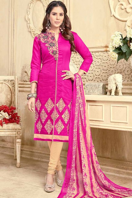 Fascinating Pink color Chanderi Churidar Suit