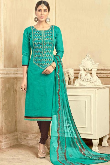 Trendy Turquoise color Chanderi Churidar Suit