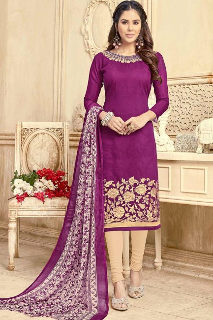 Purple color Chanderi Churidar Suit
