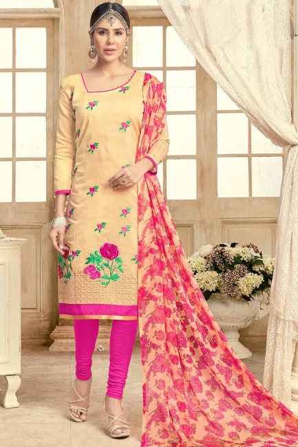 Fashionable Beige color Chanderi Churidar Suit