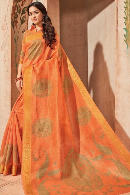 Indian Ethnic Orange color Art Silk saree