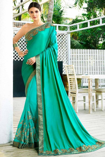 Sea Green color Satin Silk & Georgette saree