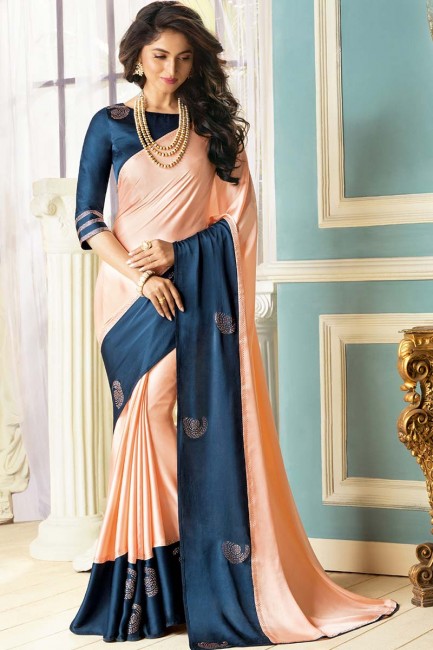 Peach & Blue color Fancy Fabric saree