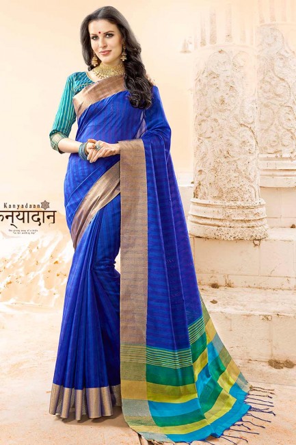 Royal Blue color Handloom Cotton Silk saree