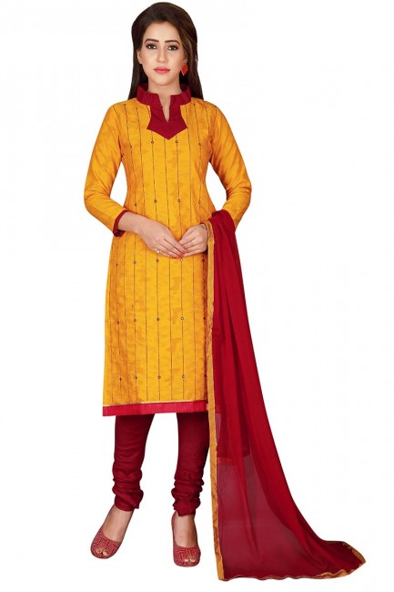 Musturd Yellow color Chanderi Cotton Churidar Suit