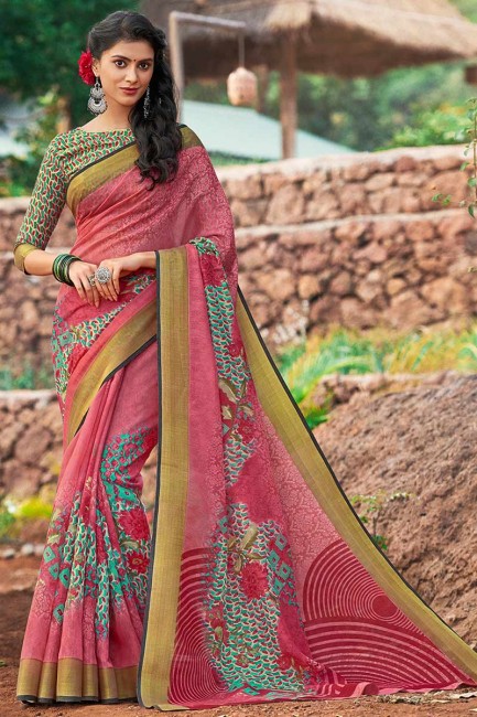 Exquisite Pink Cotton Silk saree