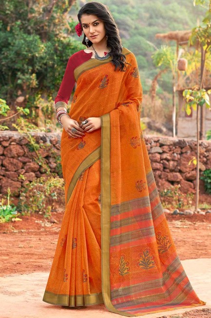Adorable Orange Cotton Silk saree