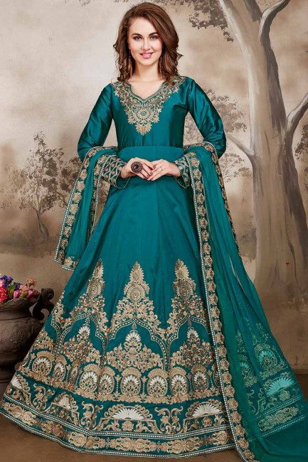 Turquoise Blue color Art Silk Anarkali Suit