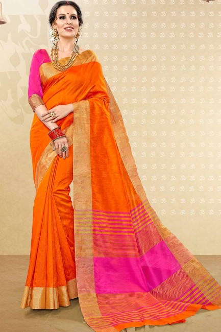 Enticing Orange Handloom Cotton Silk saree