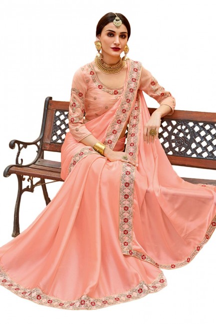 Attractive Peach Satin Silk saree