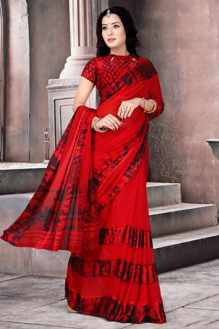 Contemporary Red Satin Silk saree