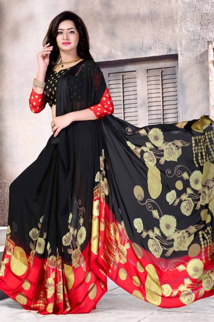 Luring Black & Red Satin Silk saree