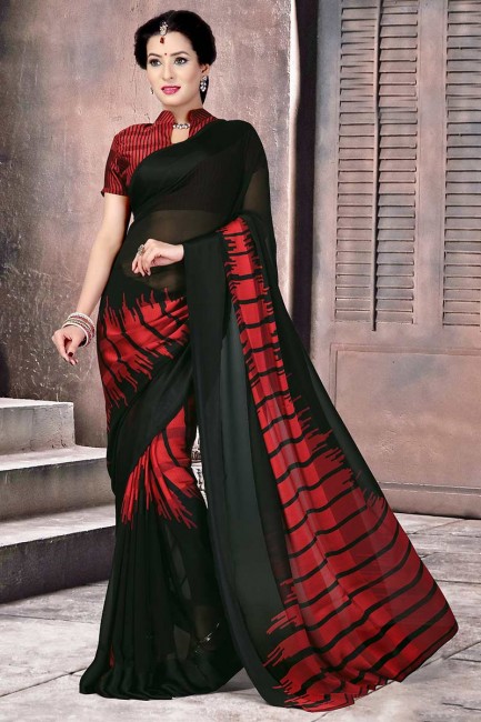 Ethinc Black & Red Satin Silk saree