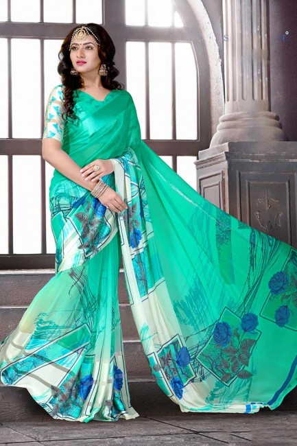 Indian Ethnic Sea Green Satin Silk saree
