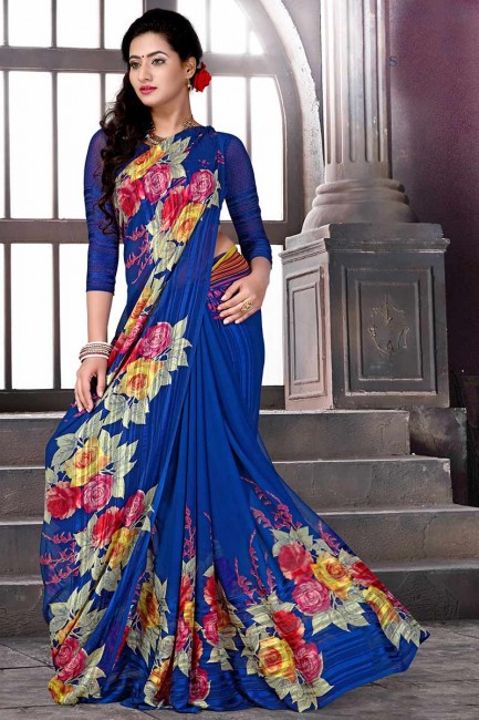 Ethinc Royal Blue Satin Silk saree