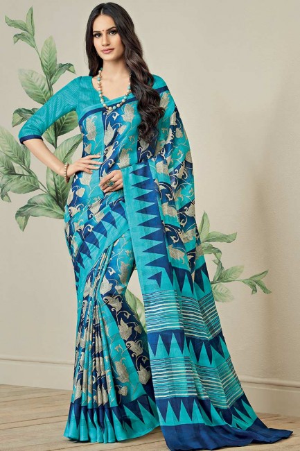 Excellent Blue Jute Art Silk saree