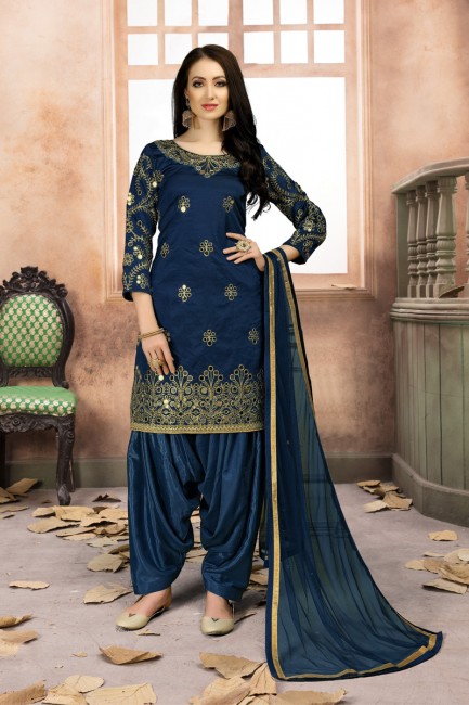 Splendid Navy Blue Art Silk Patiala Suit