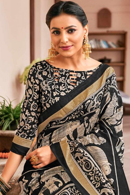 Glorious Black & Cream Art Silk saree