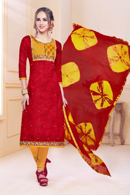 Admirable Red Cotton Churidar Suit