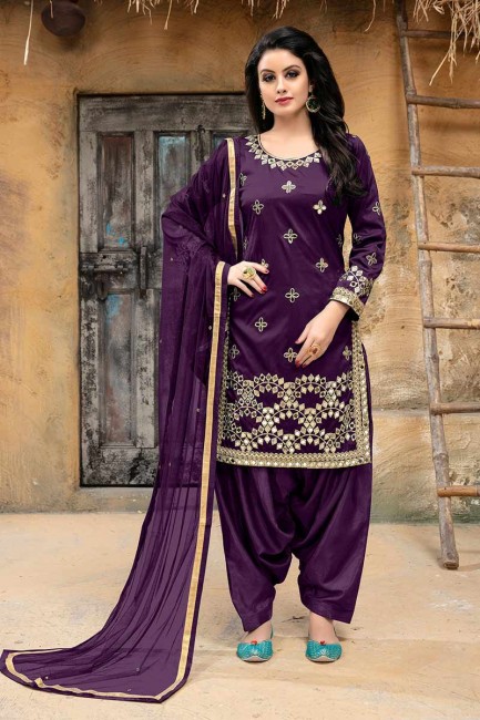 Stylish Purple Art Silk Patiala Suit