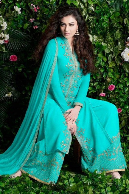 Latest Turquoise Blue Georgette Palazzo Suit