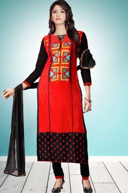 Red Cambric Cotton Churidar Suit