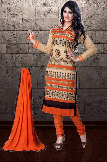 Beige & Orange Cambric Cotton Churidar Suit