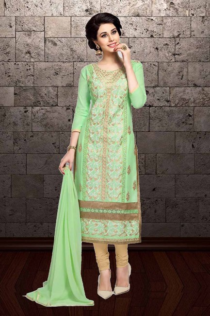 Designer Light Green Cambric Cotton Churidar Suit