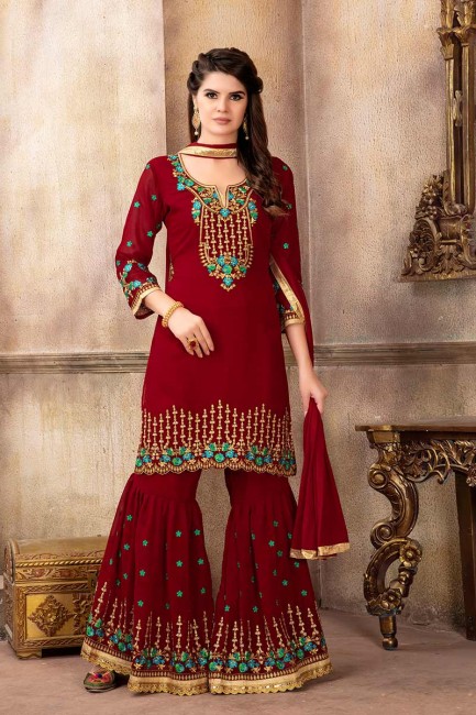 Charming Maroon Georgette Palazzo Suit