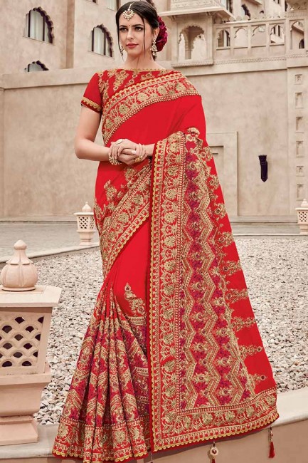 Traditional Red Satin Silk saree