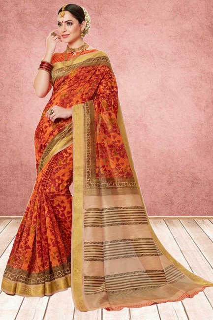 Glorious Orange Cotton Silk saree