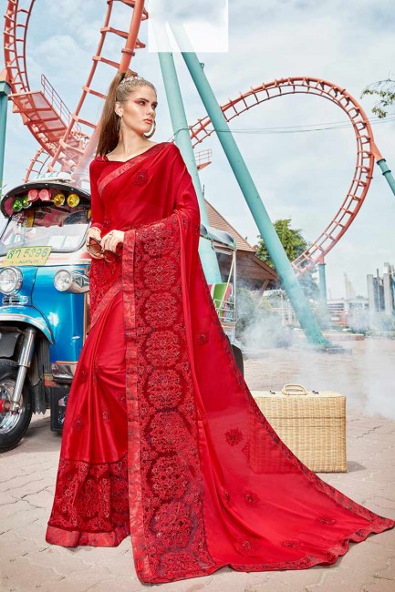 Impressive Red Satin Silk saree