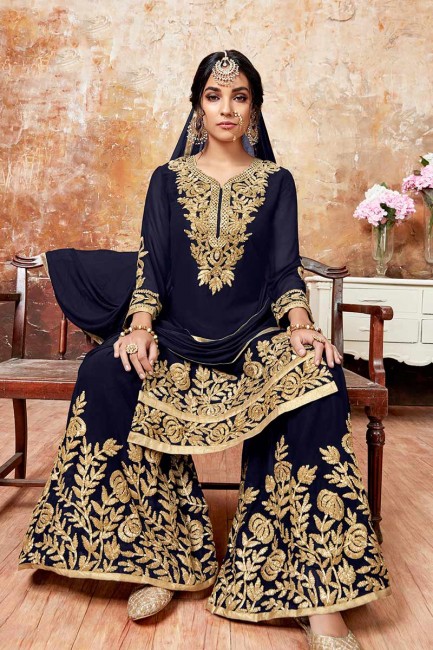 Dashing Navy Blue Georgette Palazzo Suit